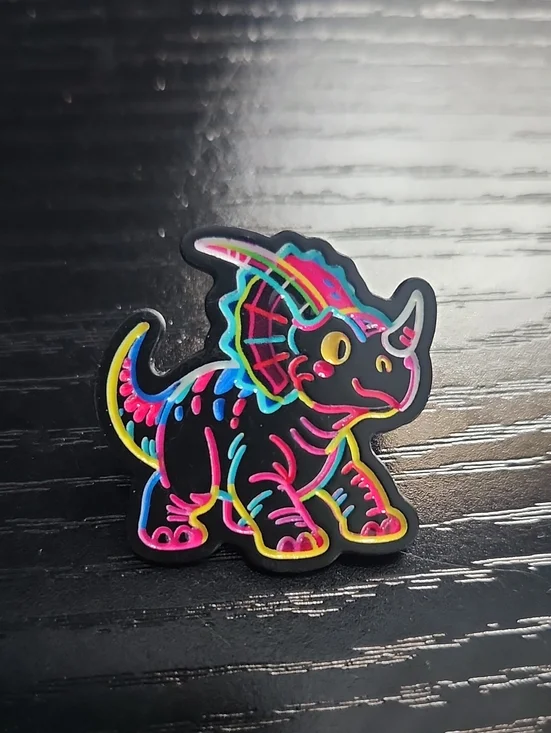 Neon Outline Triceratops Enamel Pin - Black with Multicolor Details