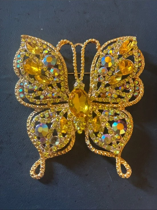 Gold Crystal Butterfly Brooch - Sparkling Yellow Gem Accents