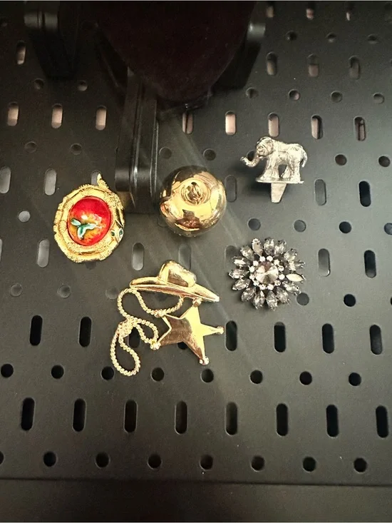 Mixed Vintage Brooch and charm Lot - Gold, Silver, Red Accents