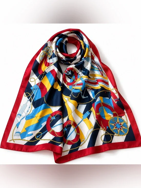 Silk-Feel Nautical Print Scarf in Red, Blue & Yellow