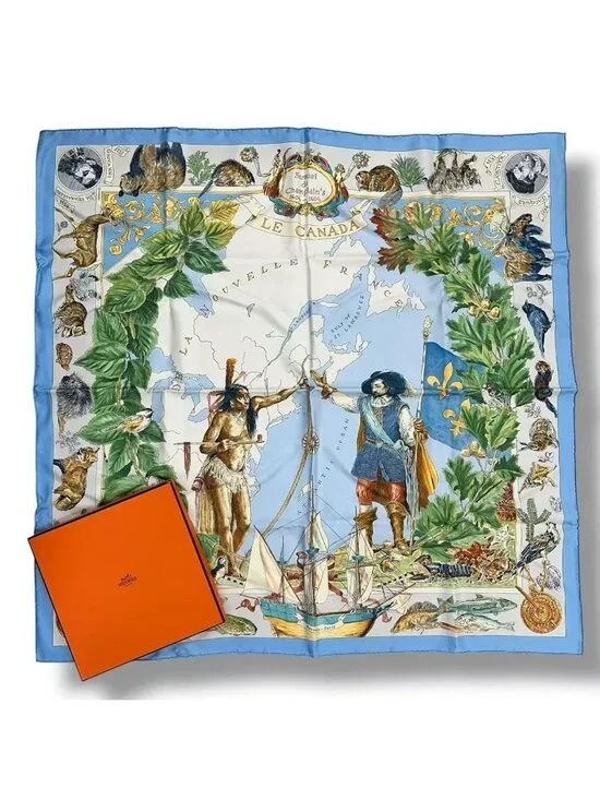 Hermes Scarf Silk Carre 90 le Canada Blue