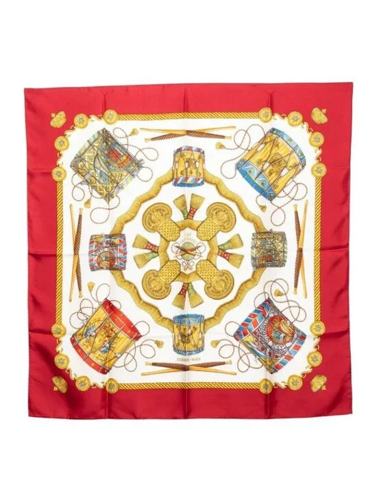 Hermes Carre 90 les Tambours Taiko Scarf Red Multicolor Silk