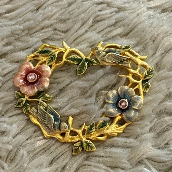 Vintage Kenneth Cole Enamel Floral Bird Gold Tone Heart Brooch Cottagecore