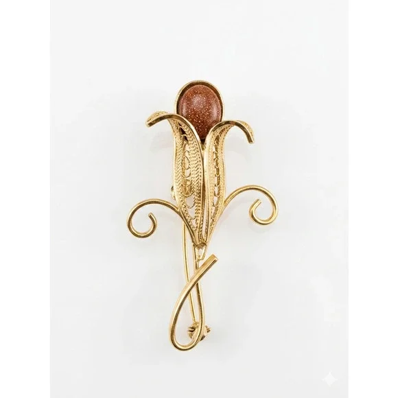 Vintage Gold Filigree Goldstone Calla Lily‎ Floral Brooch Pin