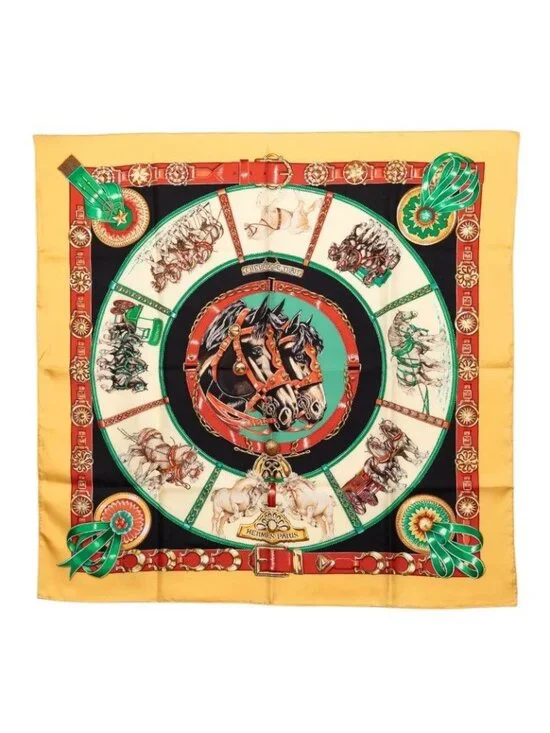 Hermes Carre 90 Chevaux de Trait Scarf Yellow Multicolor Silk