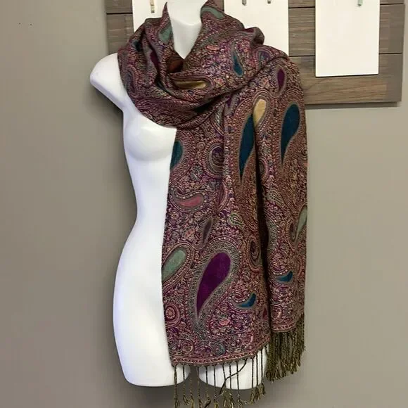 Beautiful Purple Blue Green Tan Paisley Pattern Pashmina Wrap Scarf w/ Tassel-OS