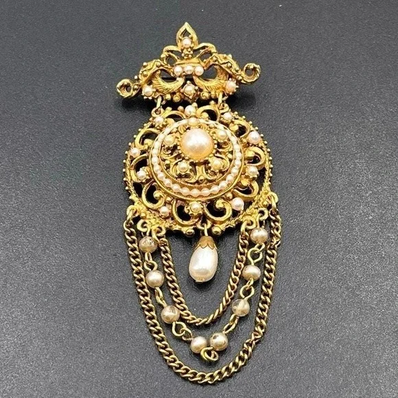 Florenza Vintage Renaissance Revival Faux Pearl‎ Festoon Victorian Dangle Brooch