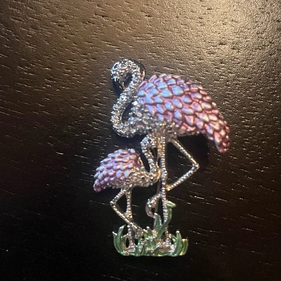Vintage Style Pink and Silver Flamingo Enamel Brooch