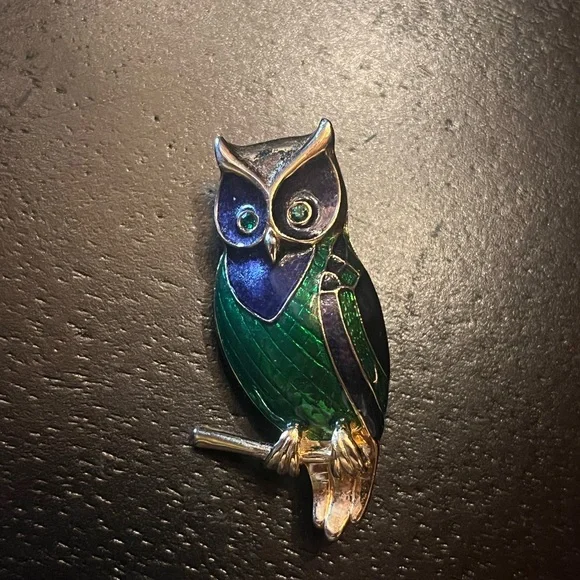Vintage Green and Blue Enamel Owl Brooch