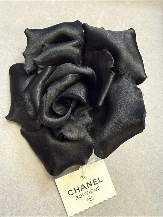 CHANEL Black Satin Rose Camellia Brooch