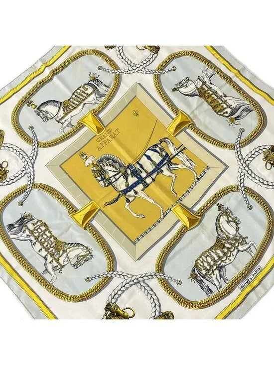 Hermes Scarf Carre 90 Yellow Ivory Grand Apparat Dressed Horse Silk