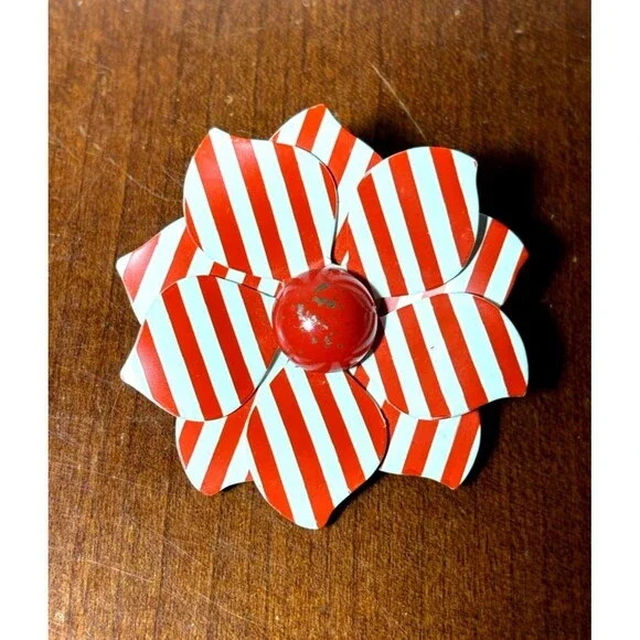 Vintage Red & White Enamel Flower Brooch Costume Jewelry