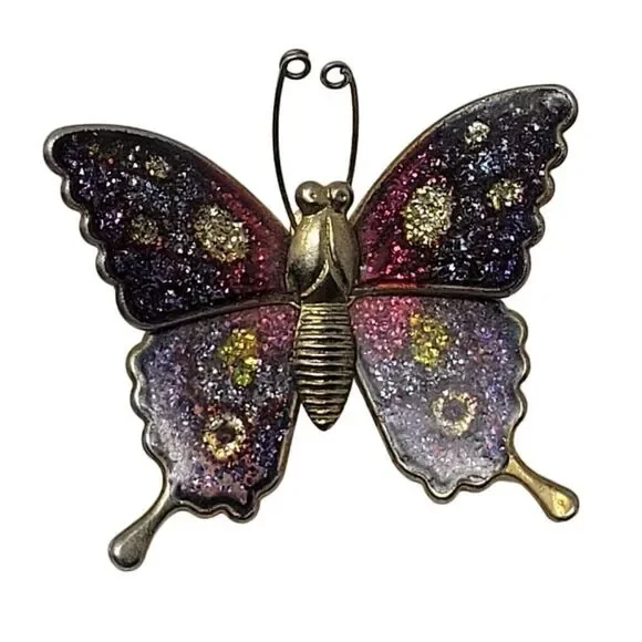 Vintage Gold Tone Purple Sparkle Confetti Enamel Butterfly Brooch‎ Pin Pendant