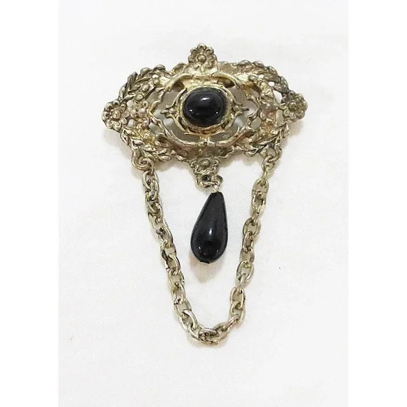 Vtg victorian style brooch pin with chain black stone metal florentine gold tone