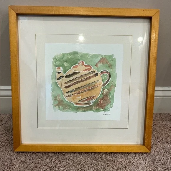 Crate and barrel framed teapot pitcher water color  painting print soicher Marin