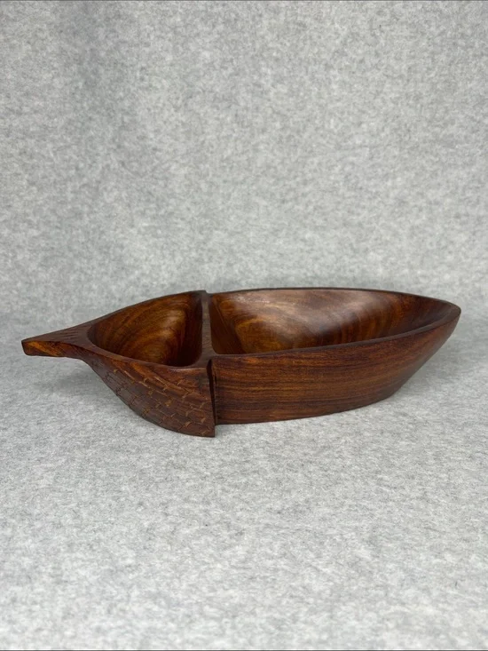 Crate&Barrel Vintage MCM Brown Acorn Wood Divided Serving Dish 12