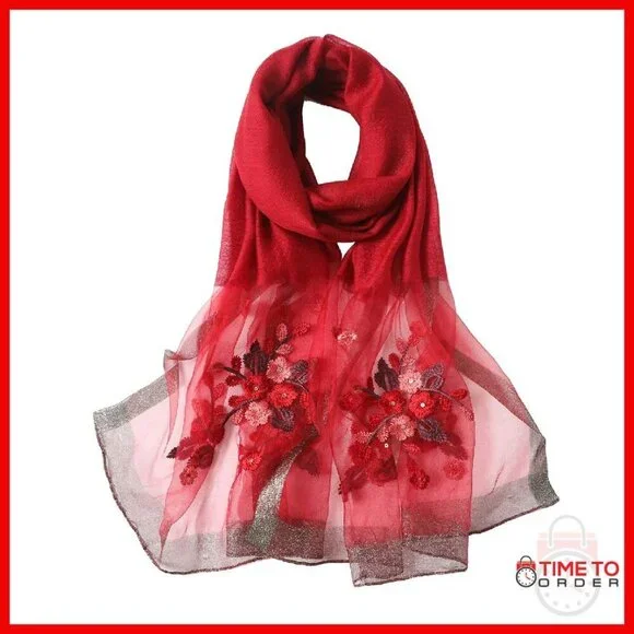 Large Silk Blend Scarf Shawl Wrap 75x28 Inches Lightweight Embroidered