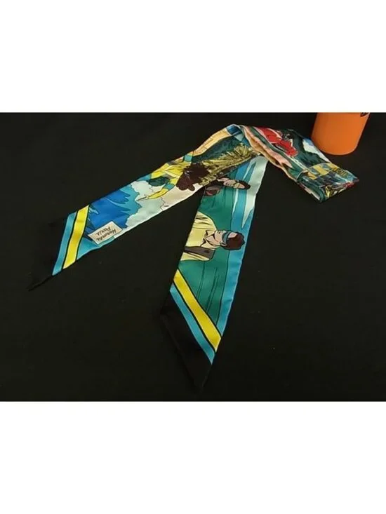 Hermes Wow Twilly Silk 100% American Comic Pattern Ribbon Scarf Blue Multicolor