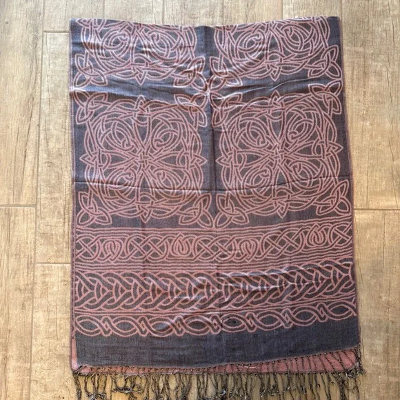 Pashmina Silk Blend Celtic Knot Wrap Scarf Mauve Grey Fringed Shawl 27x68