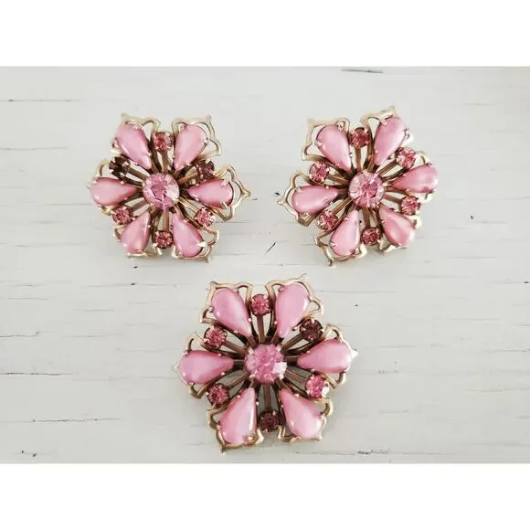 Vintage MCM Floral Pink Thermal and Rhinestone Brooch and Earring Set