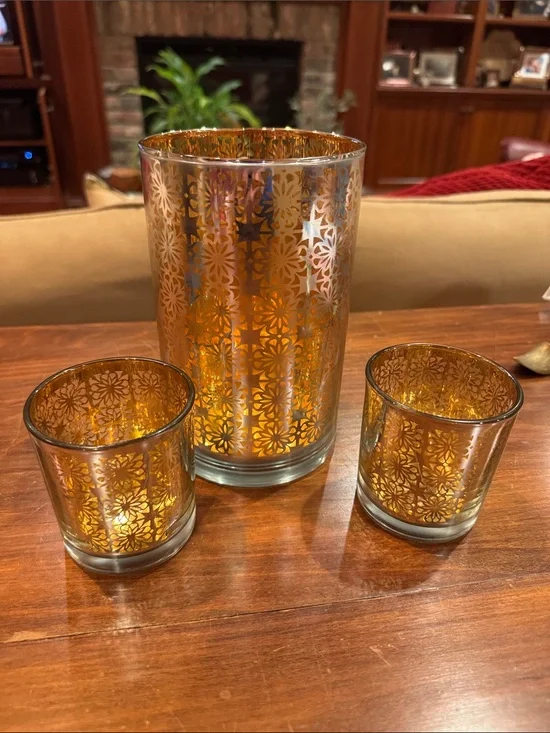 RARE Crate&Barrel Raj Hurricane + 2 Matching Votive Candle Holder Gold Silver