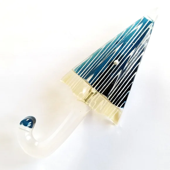 Vintage Lucite umbrella brooch reverse painted blue clear parasol early plastic