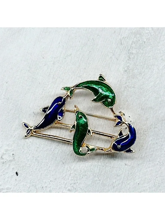 5281gc. Green Enamel Dolphin Brooch
