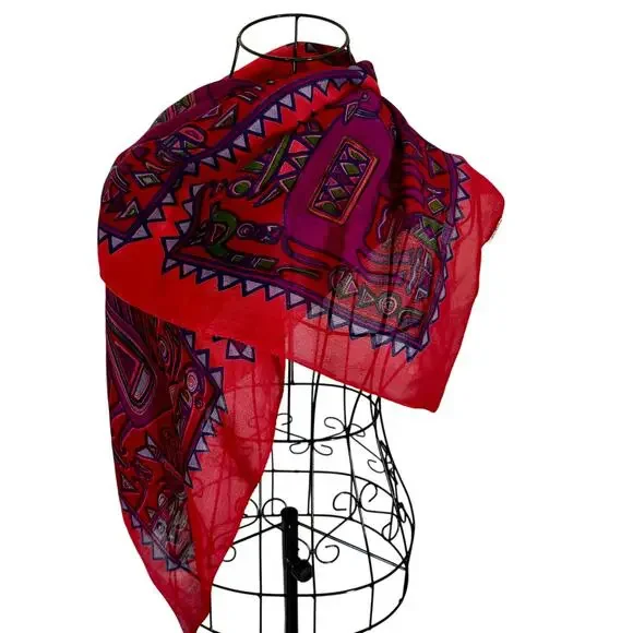 RAGA NY !00% Woven Silk Scarf Wrap Shawl Native Art Southwest Boho Lagenlook