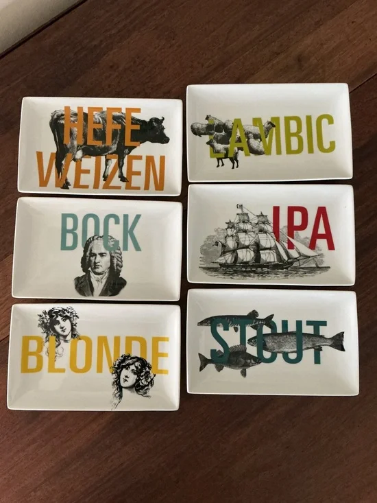 Crate & Barrel Six Pack Craft Beer Rectangular Plates with Graphics