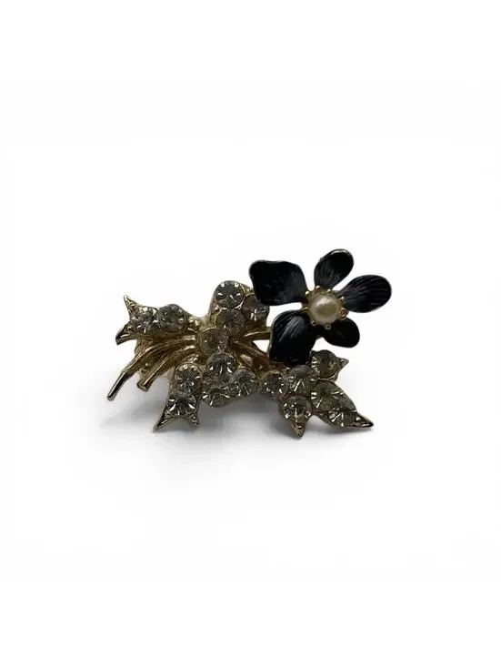 Vintage Floral Brooch with Rhinestones Faux Pearl and Blue Enamel Flower