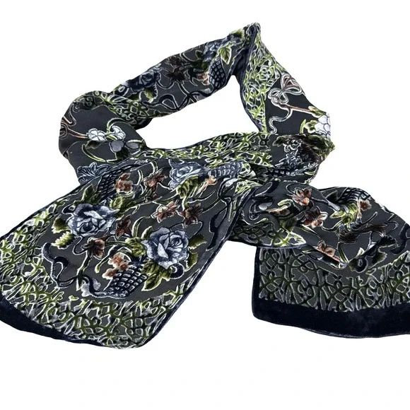 Cejon Dark Floral Velvet Silk Whimsigoth Burnout Fairy Romantic Scarf 7.5x56