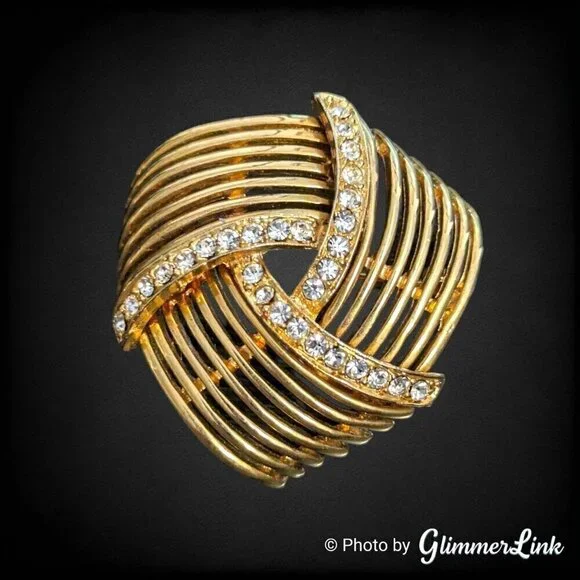 Vintage Striped Openwork Abstract Knot Rhinestone Large Gold Tone Brooch Pin