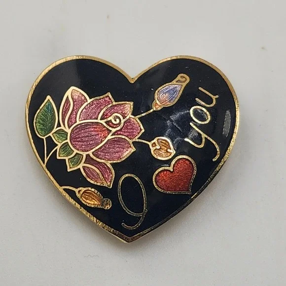 Heart Enamel Pin Brooch I Love You Rose Flower Gold Tone Valentine‎ Gift