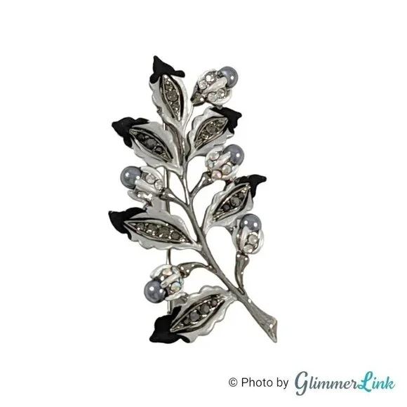 Vintage Two Tone Rhinestone Leaf Faux Pearl Branch Brooch
