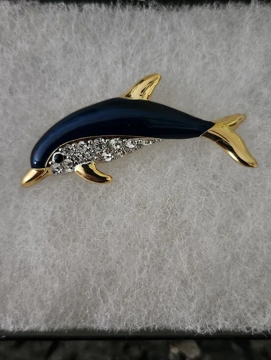 Dolphin Rhinestone Enamel Brooch - Blue & Gold Tone