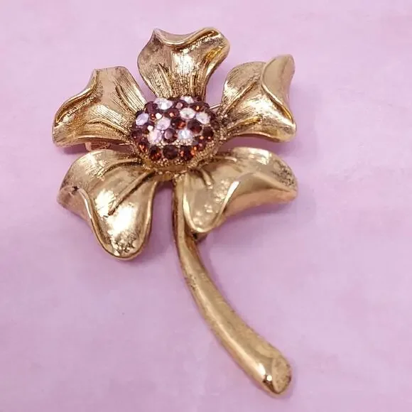 Vintage Gold Tone Flower Brooch Pendant 3