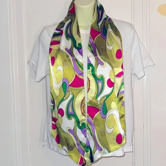 Vintage retro look green, purple, pink & white swirl print long‎ polyester scarf