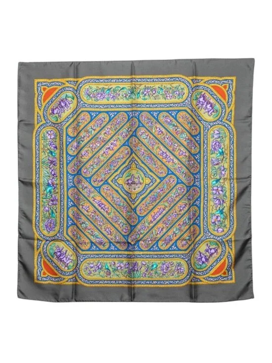 Hermes Carre 90 Qalamdan Scarf Gray Multicolor Silk