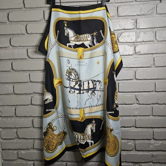 Hermes Grand‎ Apparat Silk Scarf Jacques Eudel Blue Black Gold Equestrian 16.5in