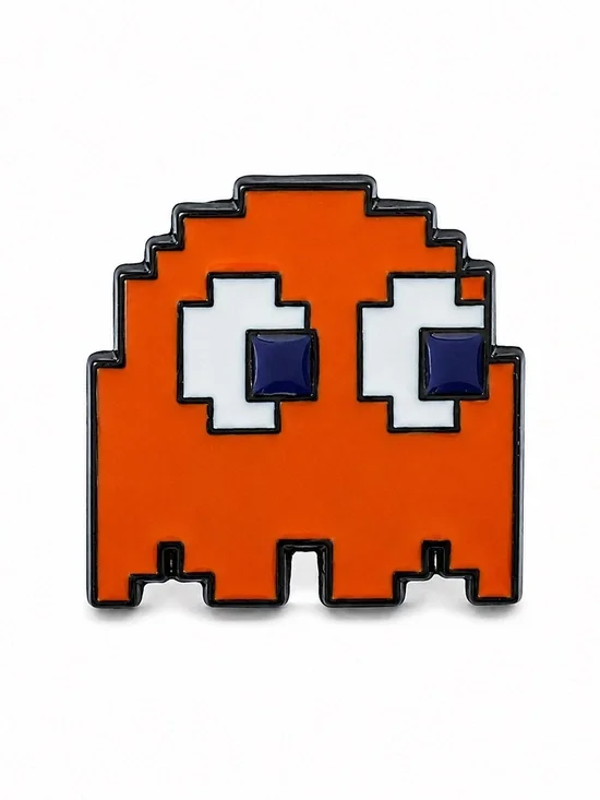 Retro Orange Pixel Ghost Enamel Pin – Arcade Game Inspired Hard Enamel Lapel Pin
