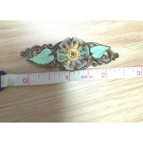 Vintage Floral Bar Brooch Enamel Flower Pink Rhinestone Antiqued Gold Tone 2