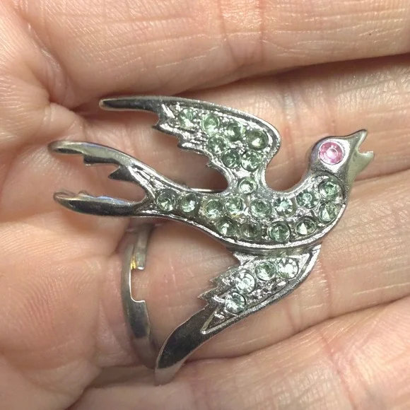 Vintage Silver Tone Green Rhinestone Swallow Bird Brooch Pin Pink Eye 1.25