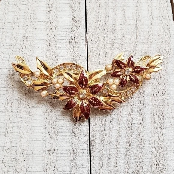 Avon Vintage Christmas Red‎ Poinsettia Enamel Rhinestone Faux Pearl Brooch Pin