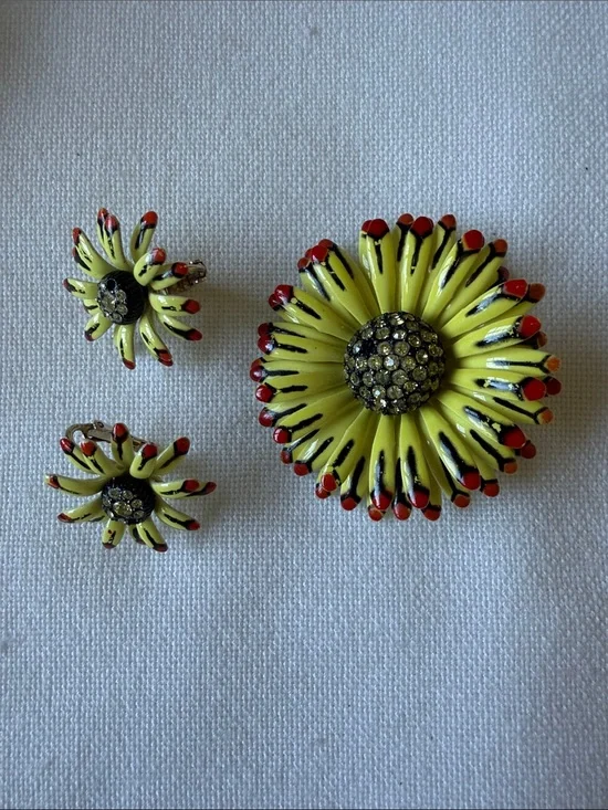 Corocraft Brooch Earrings Yellow Enamel Flower Power Pin Vintage Coro Designer