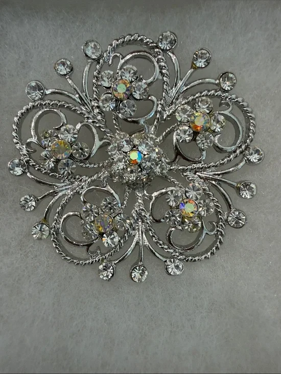 Silver Floral Crystal Brooch - Clear Rhinestone Accents