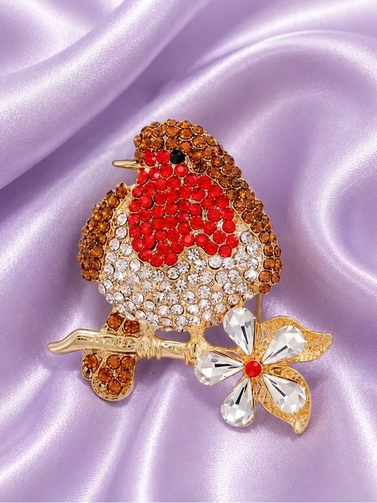 Crystal Robin Bird Floral Brooch