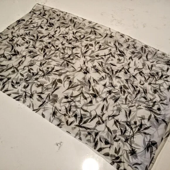 Chinese Tissue Silk B&W Leaf Print Oblong Scarf