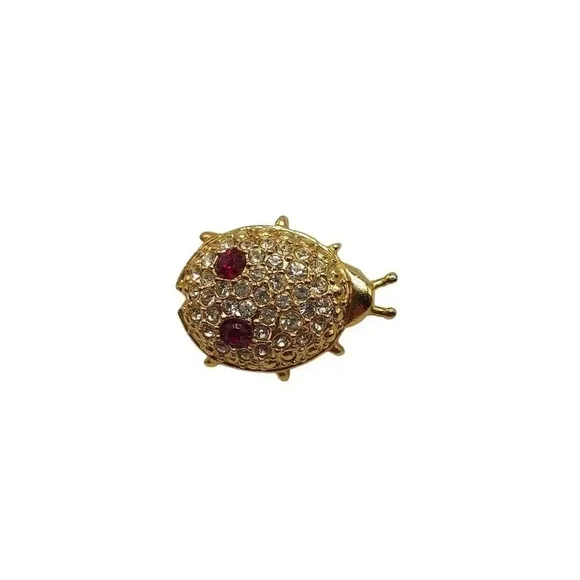 Vintage Gold-Tone Ladybug Rhinestone Brooch Pin With Red Gem Eyes