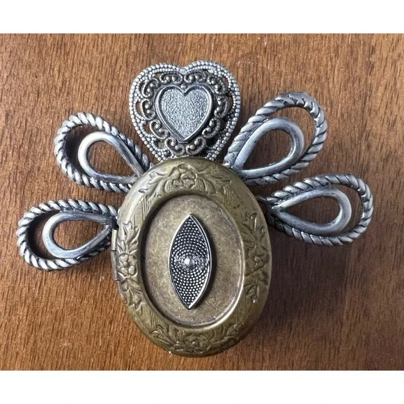 Silver Gold Heart‎ Angel Locket Brooch Pin TRESKA Signed