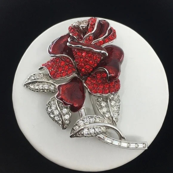 Vintage Nolan Miller Rhinestone Enamel Red Rose Brooch Pin Silver Tone Romantic